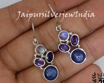 Kyanite Earrings, Amethyst Earrings, Rainbow Moonstone Earrings, Moonstone Earrings, 925 Silver Earrings, Multi Gemstone Earrings, Gift