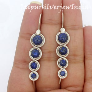 Genuine Lapis Lazuli Earrings, Natural Blue Lapis Long Hoop Dangle Earrings, Sterling Silver Lapis Earrings, September Birthstone Earrings