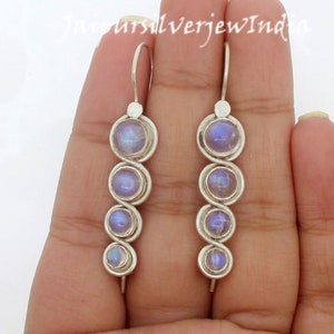 Genuine Rainbow Moonstone Earrings, Natural Moonstone Long Hoop Dangle Earrings, Sterling Silver Moonstone Earring, June Birthstone Earrings