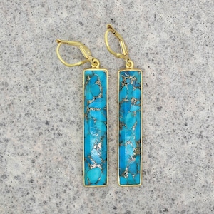 Turquoise Bar earrings, Copper Turquoise Gold Earrings, Long Dangle Earrings, Rectangle Turquoise Earrings, Turquoise Earring Gift For Women