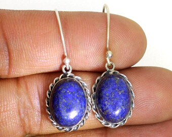 Handmade Sterling Silver Lapis Dangle Earrings, Boho Gemstone Jewelry