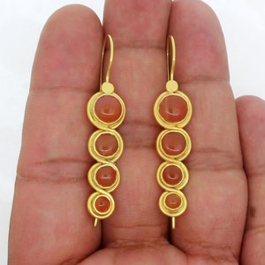 Carnelian Gold Earrings, Long Dangle Carnelian Earrings, Round Gemstone Earring, Minimalist July Birthstone Jewelry Gift For Women and Girls