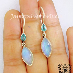 Rainbow Moonstone Earrings,  Blue Topaz Earrings, 925 Silver Earrings, Moonstone Dangle Earrings, Gemstone Earrings, Gift For Her
