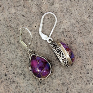 Purple Copper Turquoise and Sterling Silver Earrings, Teardrop Leverback Earring, Oxidized Silver Earring, December Birthstone Women Jewelry