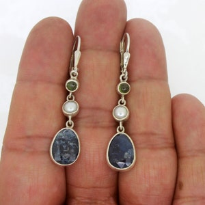 Natural Blue Kyanite with Pearl and Tourmaline Earrings • Multistone Leverback Dangle Drop Earrings • 925 Sterling Silver Earrings For Women