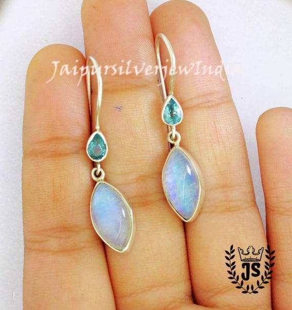 Rainbow Moonstone Earrings with Blue Topaz Sterling Silver Dangle Rainbow Moonstone Earrings with Blue Topaz Sterling Silver Dangle