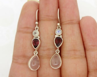 Natural rose quartz earrings with faceted garnet and moonstone · sterling silver earrings · teardrop dangle earrings · multicolor earrings