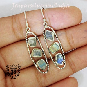 Raw Moonstone Earrings, Rainbow Moonstone Earrings, 925 Silver Earrings, Natural Rough Moonstone Dangle Drop Earrings, Raw Stone Earrings