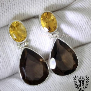 Citrine Earrings, Smoky Quartz Earrings, Genuine 925 Sterling Silver, Smoky Earrigs, Anniversary Gift, Women Earrings, Gift For Her