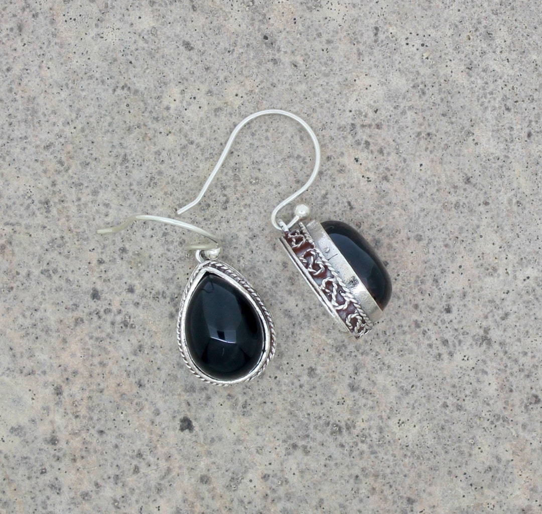 Black Onyx Earrings, Onyx Boho Teardrop Dangle Earrings, Sterling