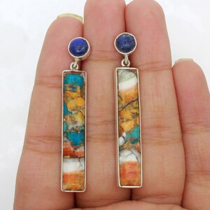 Spiny Oyster Turquoise and Lapis Earrings, Vertical Bar Stick Earring, Long Turquoise Bar Stud Dangle Earrings, Earrings Gifts For Women