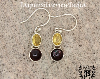 Garnet With Citrine Earrings • 925 Sterling Silver Earrings • Multi Gemstone  Dangle Earrings • Healing Crystal Jewelry • Gift For Her