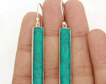 Turquoise Long Dangle Earrings, Long Statement Earrings, Simulated Green Turquoise Sterling Silver Earrings, Boho Earrings For Women