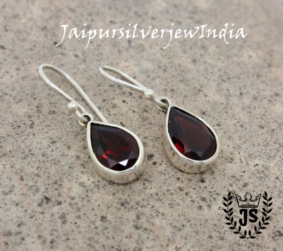 Garnet Earrings Tear Drop Faceted Red Gemstone Jewelry Solid 925