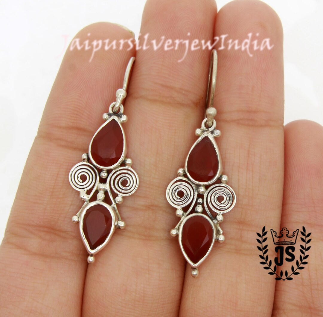 Orecchini Pendenti In Argento 925 Con Pietra Corniola Cabochon Oblunga - Lunghi 3,5 Cm - Gioiello Artigianale