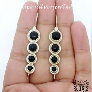 Black Onyx Earrings For Women, Natural Onyx Long Hoop Dangle Earrings, Sterling Silver Black Gemstone Earrings, December Birthstone Earrings