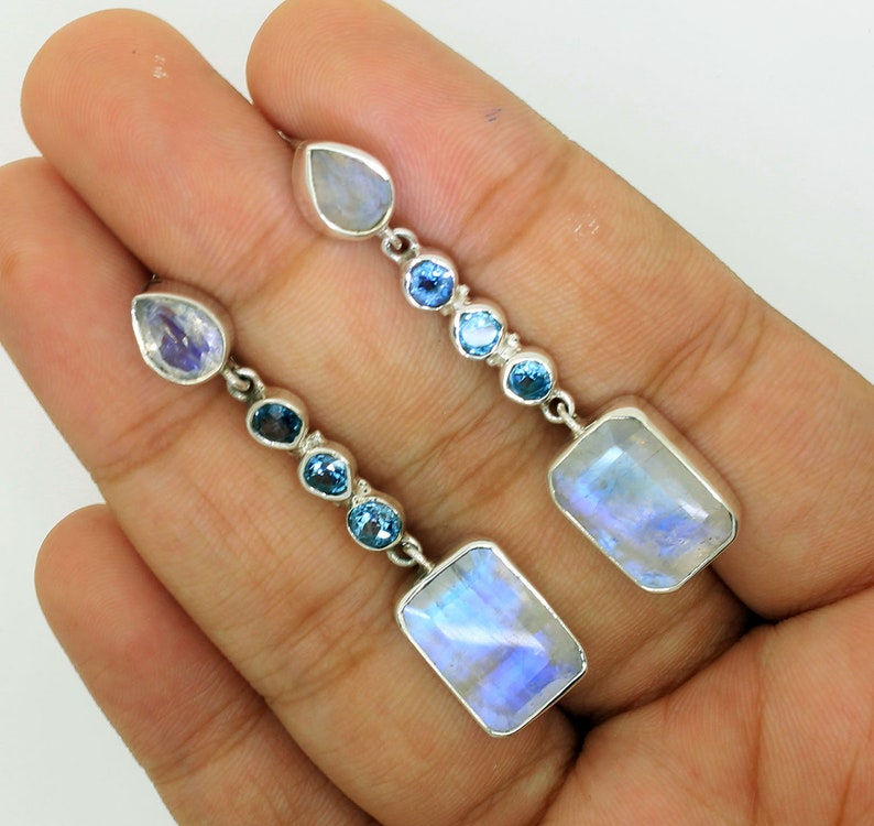 Blue Topaz Earrings Birthstone Earrings Rainbow Moonstone Earrings Earrings Blue Topaz Earrings Silver Moonstone Earrings