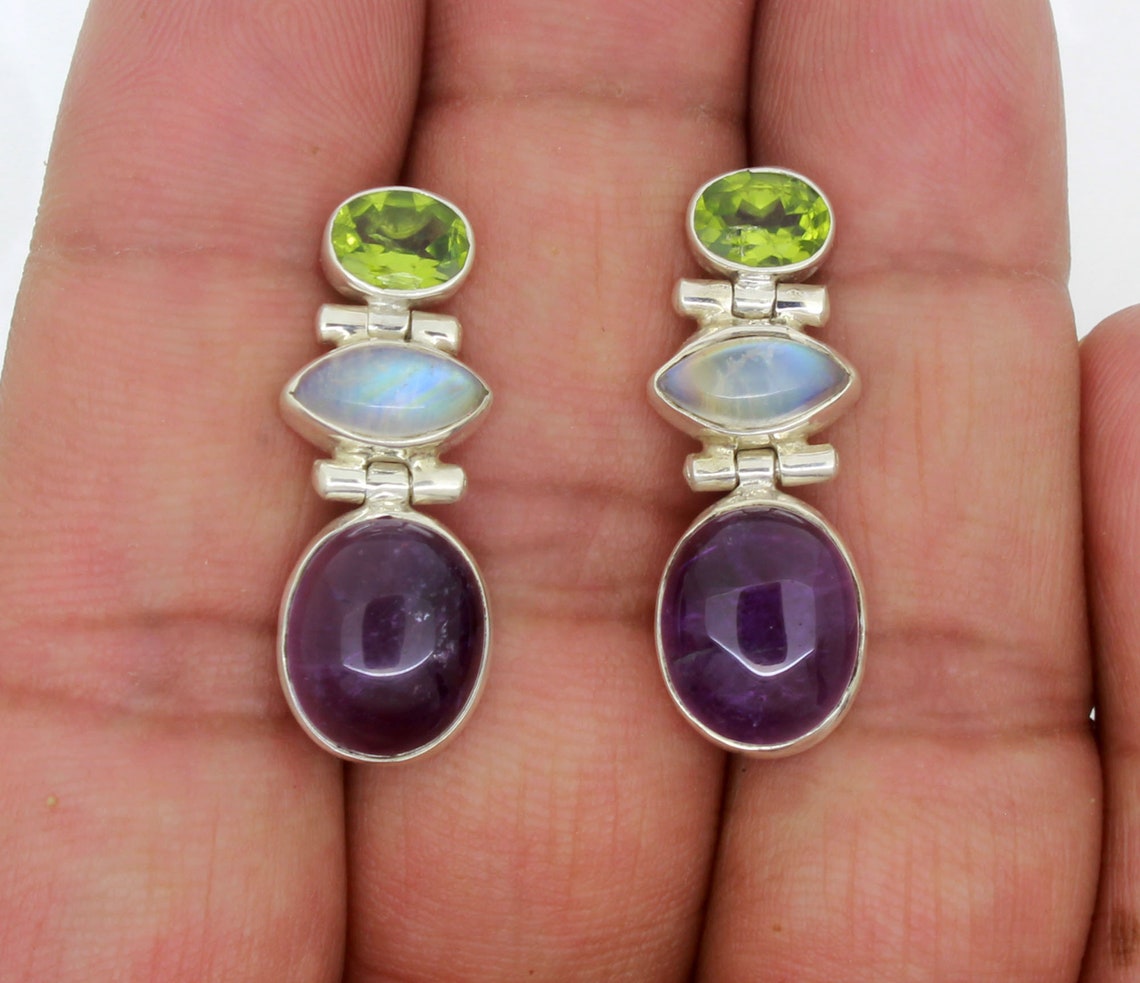 Amethyst With Peridot and Moonstone Earrings Sterling Silver Etsy