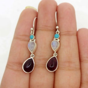 Natural Amethyst Earrings with Moonstone and Turquoise, Handmade Sterling Silver Gemstone Dangle Earrings, Boho Jewelry, Earrings For Women