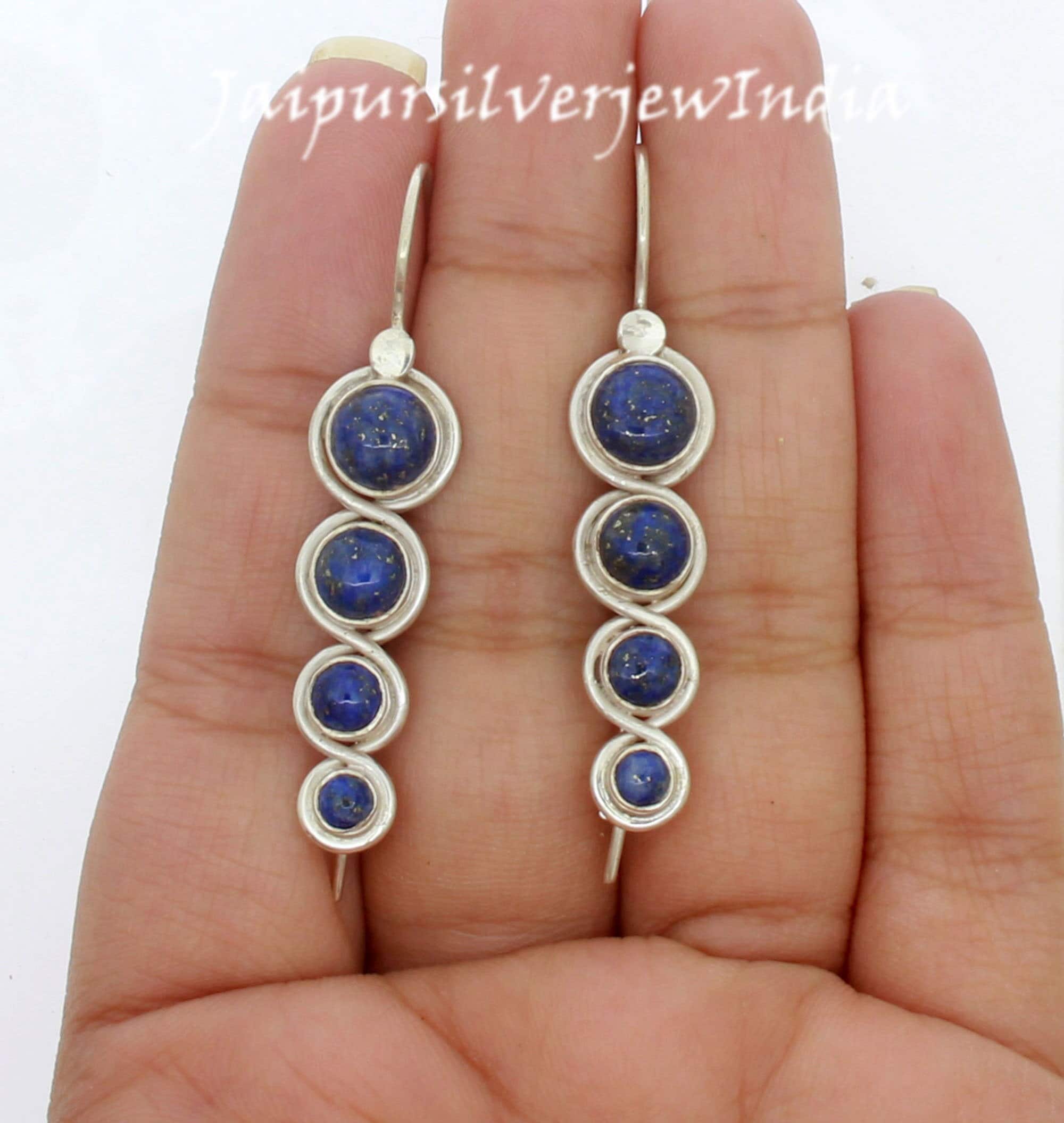 Genuine Lapis Lazuli Earrings, Natural Blue Lapis Long Hoop Dangle Earrings, Sterling Silver Lapis Earrings, September Birthstone Earrings