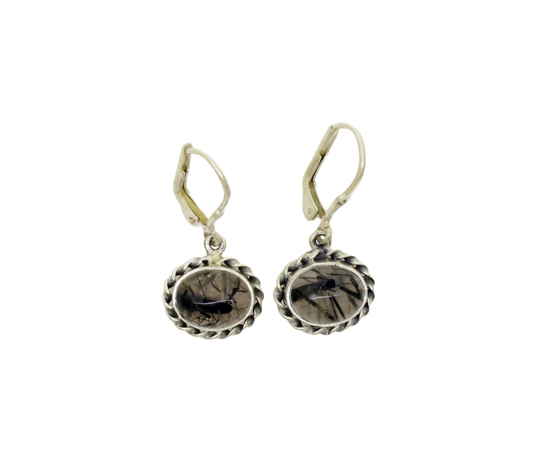 Black Rutile Quartz Earrings, Natural Tourmalated Rutile Quartz