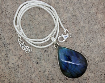 Natural blue Labradorite pear shape gemstone sterling silver pendant, Solid 925 sterling silver adjustable snake chain necklace gift for her