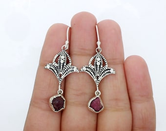 Raw Ruby Earrings, Sterling Silver Dangle Jewelry, Bohemian Gemstone Drops, Handcrafted Earrings, July Birthstone Gift for Women