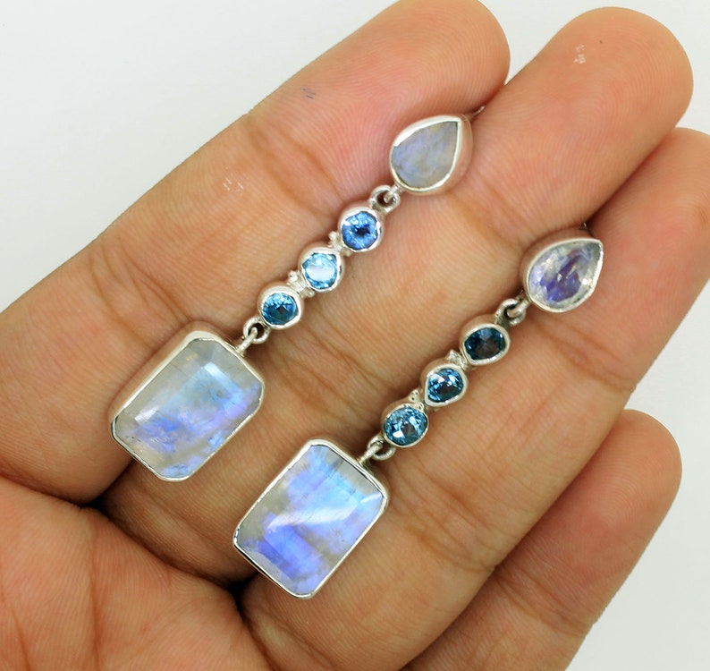 Blue Topaz Earrings Birthstone Earrings Rainbow Moonstone Earrings Earrings Blue Topaz Earrings Silver Moonstone Earrings