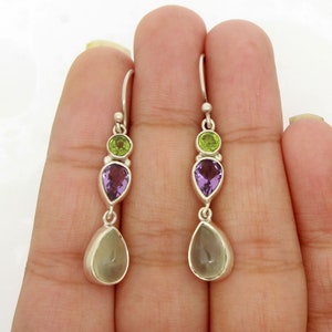 Natural prehnite earrings with faceted amethyst and peridot gemstone · sterling silver earrings · teardrop dangle earrings · stone earrings