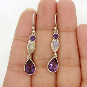 Natural faceted amethyst and moonstone earrings · sterling silver earrings · teardrop dangle earrings · multicolor earrings · bridal earring
