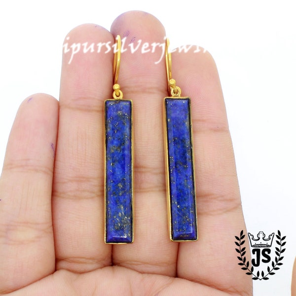 Lapis Lazuli Earrings, Rectangle Micron Gold Plated Natural Blue Lapis Long Dangle Earrings, Blue Stone Earrings, Women Birthstone Jewelry