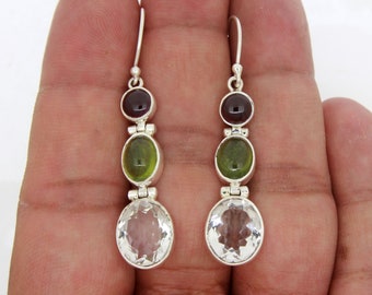 Crystal With Peridot And Garnet Multi Color Gemstone 925 Sterling Silver Dangle earrings For Women And Girls, Gift for Her, Gift For Mom