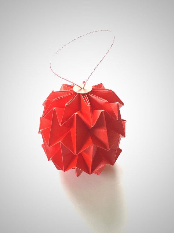 Handmade Origami Bauble Christmas Tree Decoration In Pearlised Red Paper