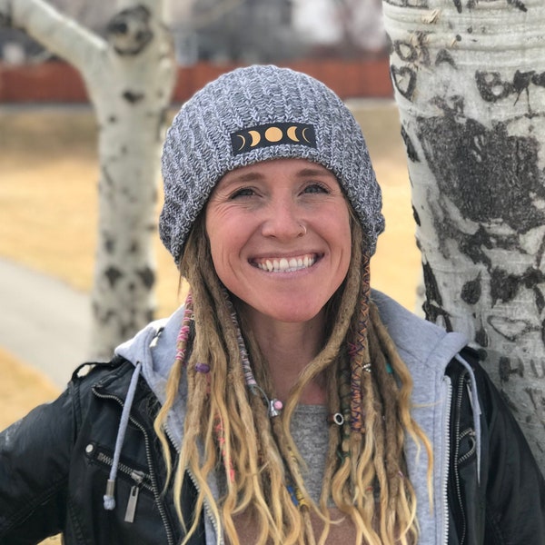 Dreadlocks Beanie - Heather Grey Slacker, w Black/Gold Moon Phase Thick, Chunky, Knit Cozy also in 8 other Colors! Wear them cuffed or Long