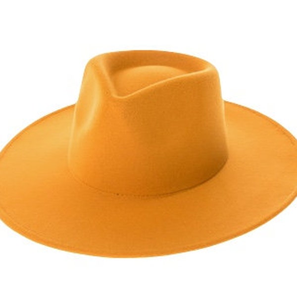 Mustard color vegan felt rancher hat - Unisex style fedora, stiff brim, wide brim, panama, fashion hat for men or women