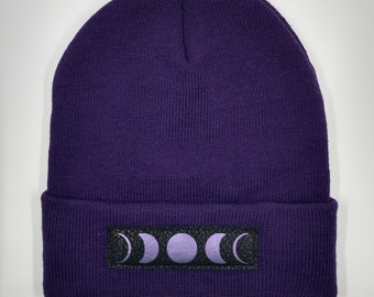 Purple Cuffed Beanie, Handmade Moon Phase Patch, Yoga Meditation Hat