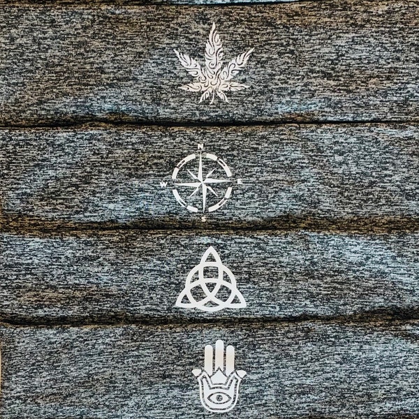 Headbands - Hand Made, Heather Grey Buddha Band with white Mushroom, Cannabis, Compass, Triquetra, Hamsa hand, Moon phases