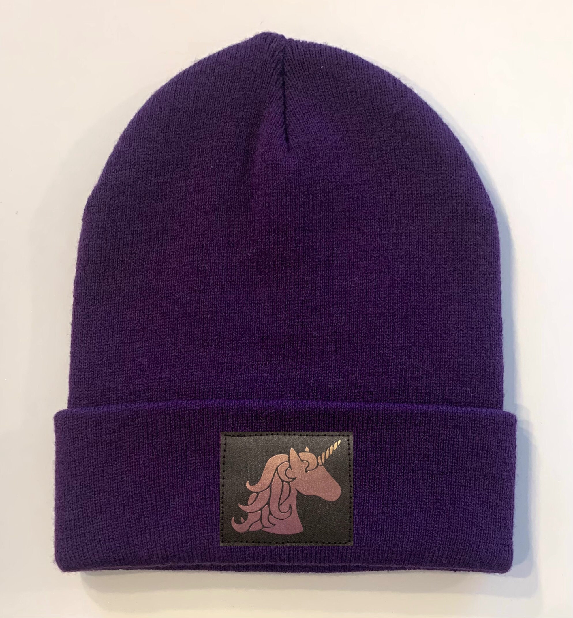 Purple Beanie Hat with black and purple Unicorn vegan patch Etsy