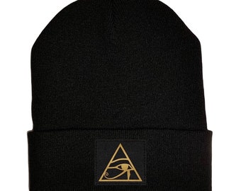 Beanie Hat - Black cuffed w, Black and Gold Hand Made Eye of Horus, Vegan Leather patch over your Third Eye - Egyptian yoga meditation hat