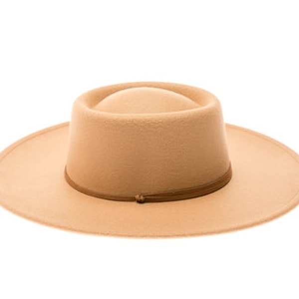 Camel Color Vegan Felt Bolero Hat w chin cord Structured Wide Brim Hat, Fedora Hat, Flat Brim Hat, Stiff Brim Hat. Instagram Hat, Bolero Hat