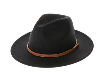 Chapeau Fedora Feutre Vegan Noir avec ceinture en cuir - Bord étroit structuré - Chapeau Fedora - Chapeau à bord plat - Chapeau à bord rigide - Chapeau Instagram - Fedora