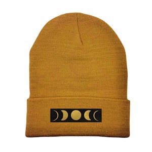 Cuffed Beanie - Carmel Brown with Hand Made, Vegan Leather, Black and Gold Moon Phase Patch over your Third Eye, knitted hat