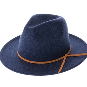 May include: A blue felt fedora hat with a brown leather band and a bow.