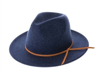 Vegan Felt Fedora Hat, Navy Blue – Flat Brim, Faux Suede Tie