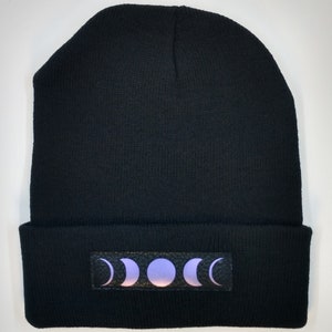 Black Cuffed Beanie with hand made black and purple moon phase vegan patch over your third eye