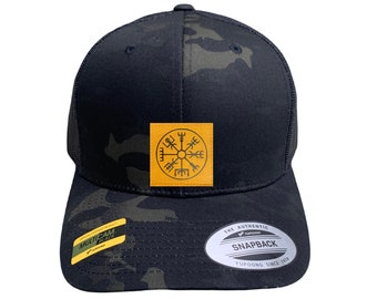 Trucker Hat Cap Camo Yupoong multicam black snapback with handmade vegan leather viking norse compass vegvisir