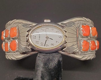 Navajo Watch Bracelet Red Mediterranean Coral Sterling Signed Collectible USA