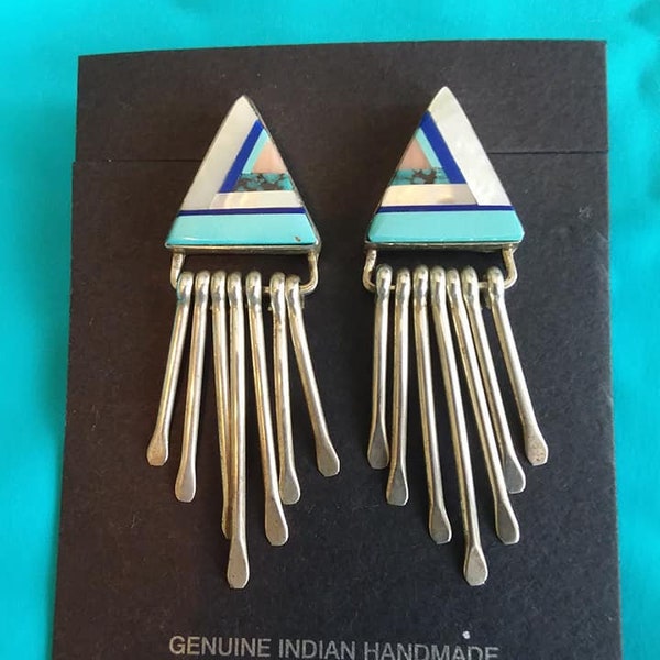 Zuni Inlay Triangle Sterling Silver Post Dangle Earrings Native American Collectible USA