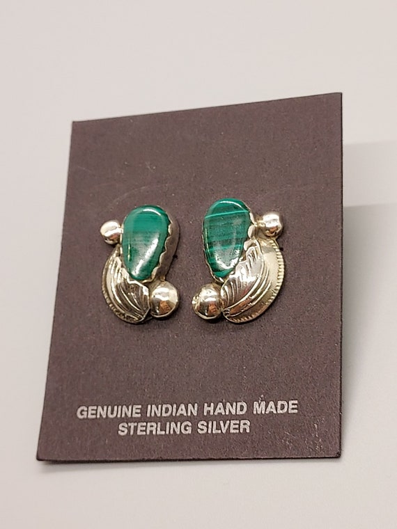 Zuni Post Earrings Green Malachite Silver Signed … - image 3