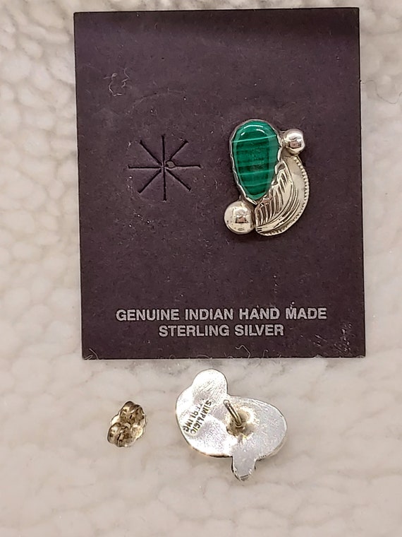 Zuni Post Earrings Green Malachite Silver Signed … - image 4